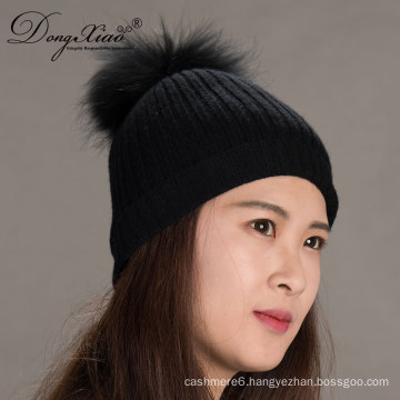 Black knitting Handmade Real Raccoon Beanie Cashmere Hat with Fur